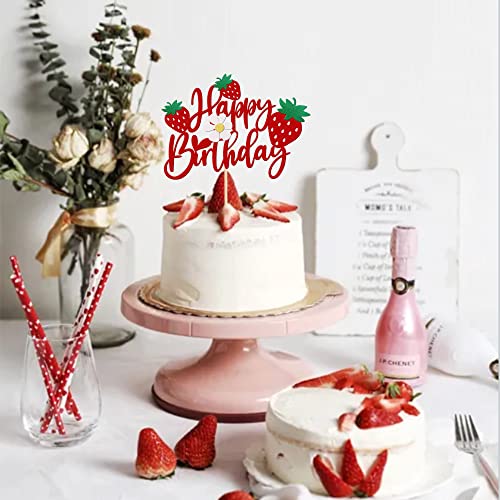 1 Pcs Strawberry Happy Birthday Cake Topper With Glitter Flower Fruit Theme Birthday Berrry Cake Pick Decorations For Strawberry Theme Baby Shower Kids Birthday Party Cake Decorations Supplies #TOP4