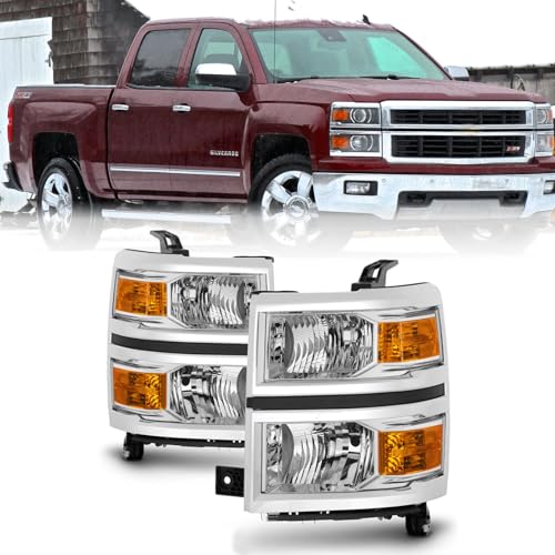 Headlight Assembly Compatible with 2014-2015 Chevy Silverado 1500 Headlights Headlamps Left+Right 14-15 Lights（CHROME FRAME+CHROME INNER+AMBER SIDE）