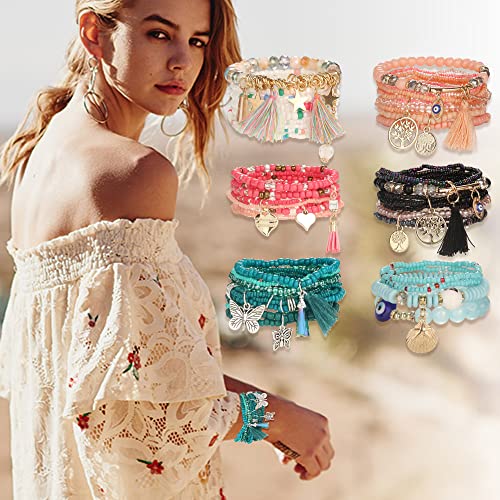 Joerica Bohemian Stackable Beaded Bracelets For Women Multilayer Colorful Beads Handmade Bracelets Boho Bracelets Pack With Charm #TOP3