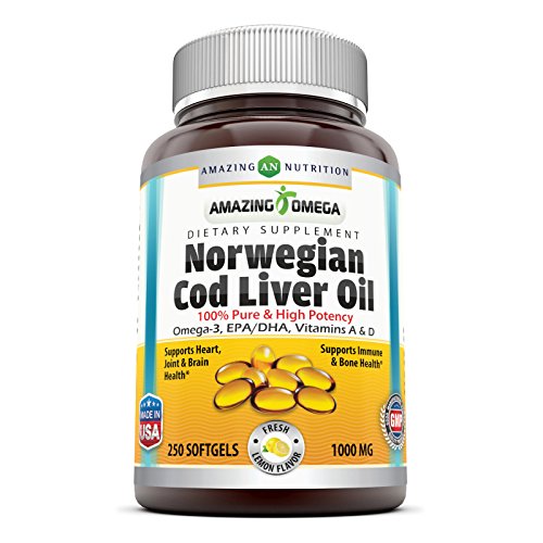 Amazing Omega Norwegian Cod Liver Oil 1000 Mg, Softgels (Lemon, 250 Softgels) -Supports