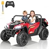 FUNTOK 24V 2 Seater Ride On UTV Toys for Big Kids, 4WD XL Ride-on Dump Truck w/Remote Control, 4x200W Motors, Motorized Dump Bed, Soft Start, 5 MPH, Lights, Bluetooth, Drivable Cars for Kids (Red)