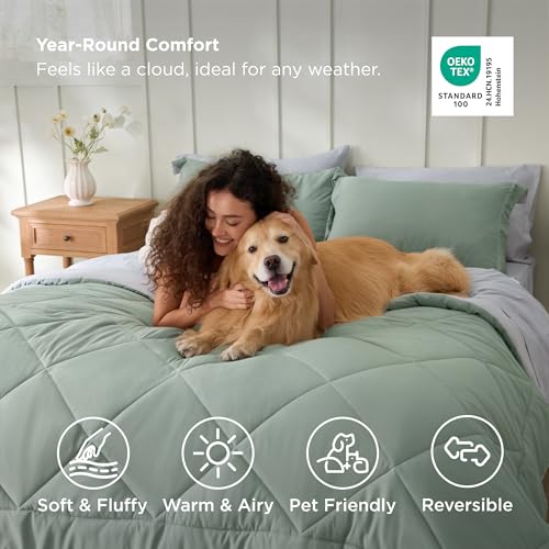 Image of Bedsure Sage Green Twin Comforter Sets - 5 Pieces Reversible Twin Bedding Sets for College, Sage Green Extra Long Bed Set Twin with Comforters, Sheets, Pillowcase & Sham