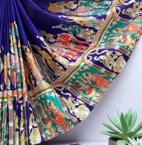 Generic royal blue kalamkari silk saree in art silk – image 3