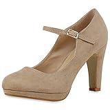  SCARPE VITA Damen Pumps Mary Janes Blockabsatz High Heels T-Strap 160320 Creme Velours 38