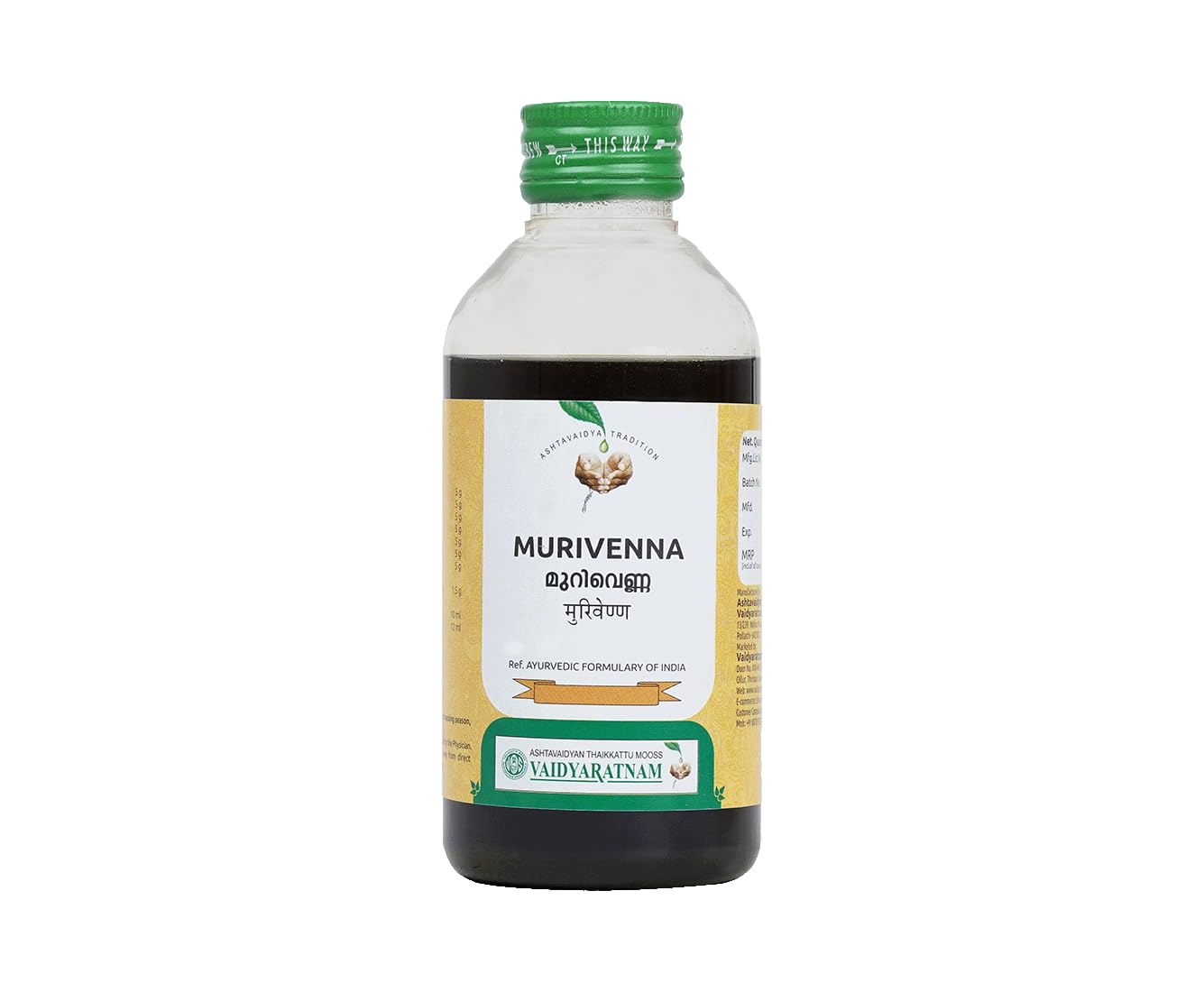Vaidyaratnam Murivenna - 200 ml, Ayurvedic Oil for Cuts, Wounds, Fractures & Injuries | Wound Care | Ayurvedic Oil for Joint Pain and Swelling