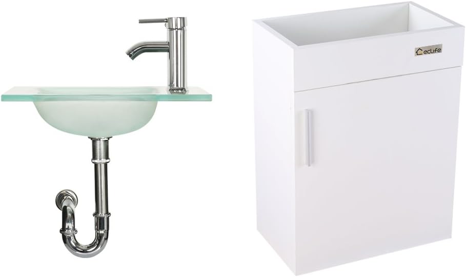 Black Friday - 80% OFF U-Eway Wall Mounted Bathroom Vanity and Sink Combo 18.4x 10.5,Modern Small Bathroom Vanity Set 27x 18.4, with Top Clear Glass Bowl, with Faucet Chrome P-Trap Pop Up Drain,Without Mirror (White)