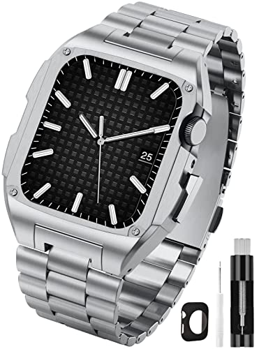 V-Moro Compatible With Series 8/7 Apple Watch Bands 45Mm With Metal Bumper,Business Stainless Steel Strap Replacement Heavy Duty Case Cover Accessories For Iwatch Series 7/8 45Mm Silver #TOP18