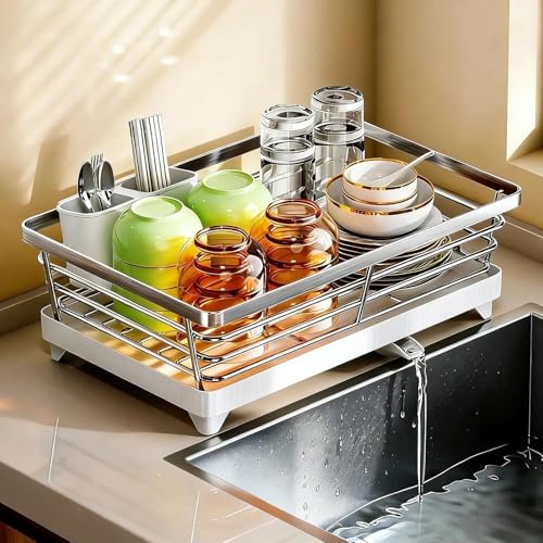 Geschirrabtropfkorb aus Edelstahl mit Abtropfschale Platzsparende Ablage für Teller, Schüsseln, Tassen & Besteck inkl.Essstäbchenhalter und Entwässerungsrinne | Spülmaschinen-Geschirrständer für Küche