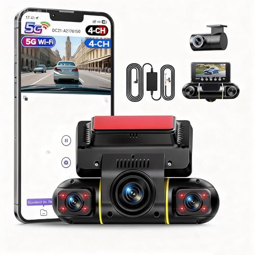 LAMTTO 360 Degree View 4 Channel Dash Cam Front and Rear Inside 5G WiFi Dash Camera for Cars APP Control 8 IR Night Vision Parking Monitor Emergency Recording