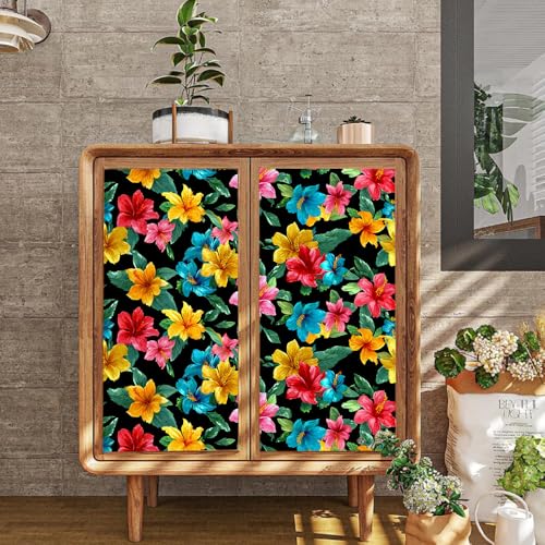 Image of Spring Summer Tropical Hibiscus Wall Decals, Colorful Hawaiian Floral Peel and Stick Wallpaper for Home Refresh, Spring Cleaning Mural, Mother's Day Decor, 39.37x15.75 Inch