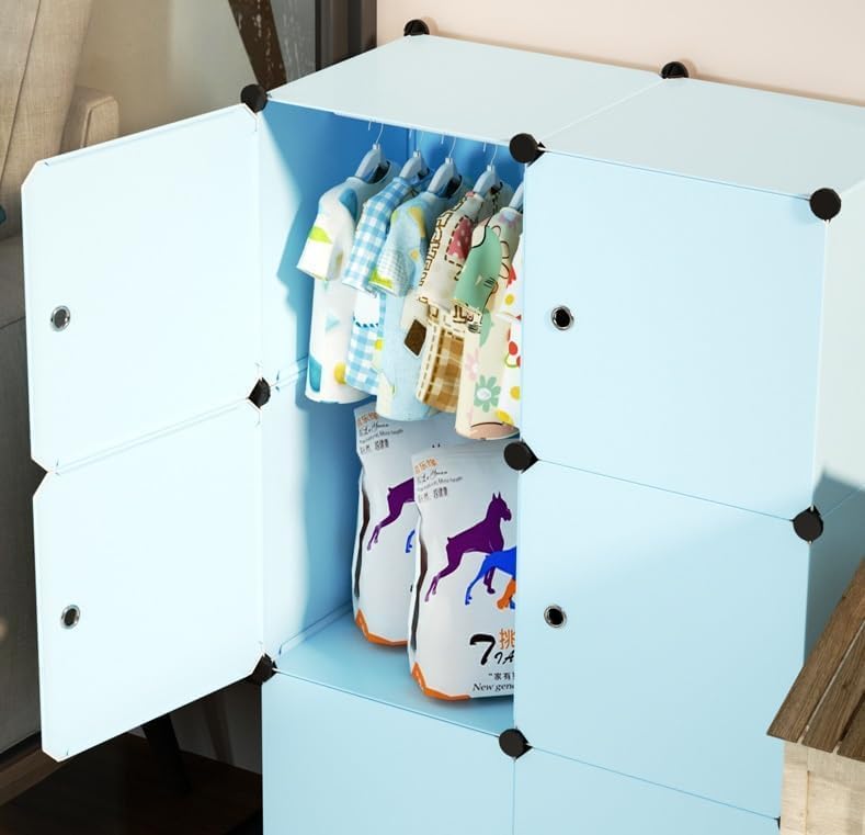 Image of 8 Door Kids Cartoon Wardrobe Storage Cabinet - DIY Modular Clothes Organizer with Hanging Cartoon Design Wardrobe with Multi for Bedroom, Living Room,Entryway