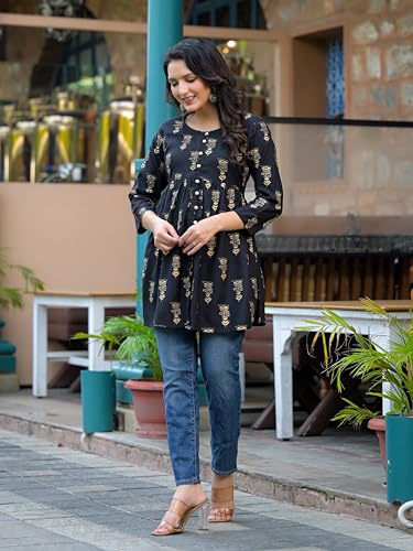 Image of Women's Black Printed Cotton Top | Round Neck, 3 /4 Sleeves & Flared Fit | Casual Wear