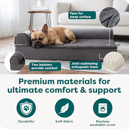 Image of FurHaven Orthopedic Dog Bed for Medium Dogs, L-Shaped Chaise Mattress with Orthopedic Egg Crate & a Solid Orthopedic Foam Base for Joint Support, Washable Cover, Medium, Plush & Velvet, Platinum Gray