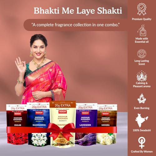 Image of Moksh Madhur Sugandh Agarbatti Combo Pack of 9 - Chandan (1), Gulab (2), Lavender (2), Mogra (2) & Rajnigandha (2) - Made with Charcoal Powder, Sawdust, Bamboo & Perfume - for Puja & Meditation
