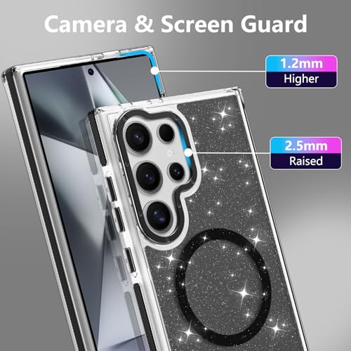 Image of Magnetic Case for Samsung Galaxy S24 Ultra [Compatible with Magsafe] [Bling Glitter Fluorescent Design] [1 Screen Protector] Slim Translucent Matte Case for Galaxy S24 Ultra 6.8 inch, Black