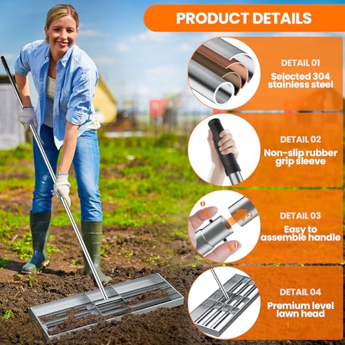 Lawn Leveling Rake, 30” x10”Stainless Steel Lawn Leveler Tool, Ground Leveler for Yard with 78”Adjustment Long Handle, Levelawn Lute for Grass, Golf Field, Garden and Courtyard 6 Lawn Leveling Rake, 30” x10”Stainless Steel Lawn Leveler Tool, Ground Leveler for Yard with 78”Adjustment Long Handle, Levelawn Lute for Grass, Golf Field, Garden and Courtyard - Image 6