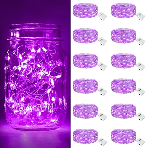 Image of btfarm 12 Pack Fairy Lights Battery Operated [3 Modes], 7ft 20 Led Purple Twinkle Lights String Lights Waterproof Bulk Mini Silver Wire for Halloween Mason Jars Vases Wedding Table Centerpiece Decor