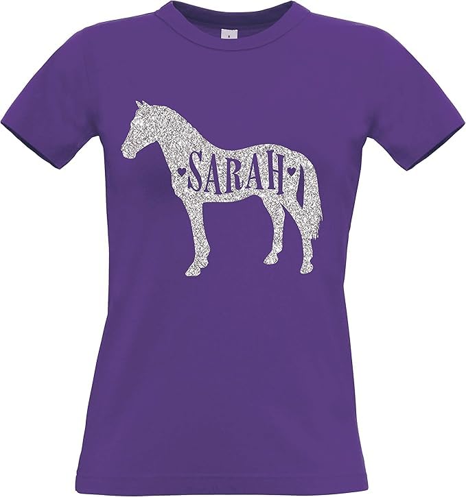 T-shirt femme cheval violet à paillettes durables et personnalisables taille L