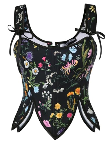 Image of SCARLET DARKNESS Corset Tops for Women Renaissance Costume Floral Lace Up Boned Bustier with Zip
