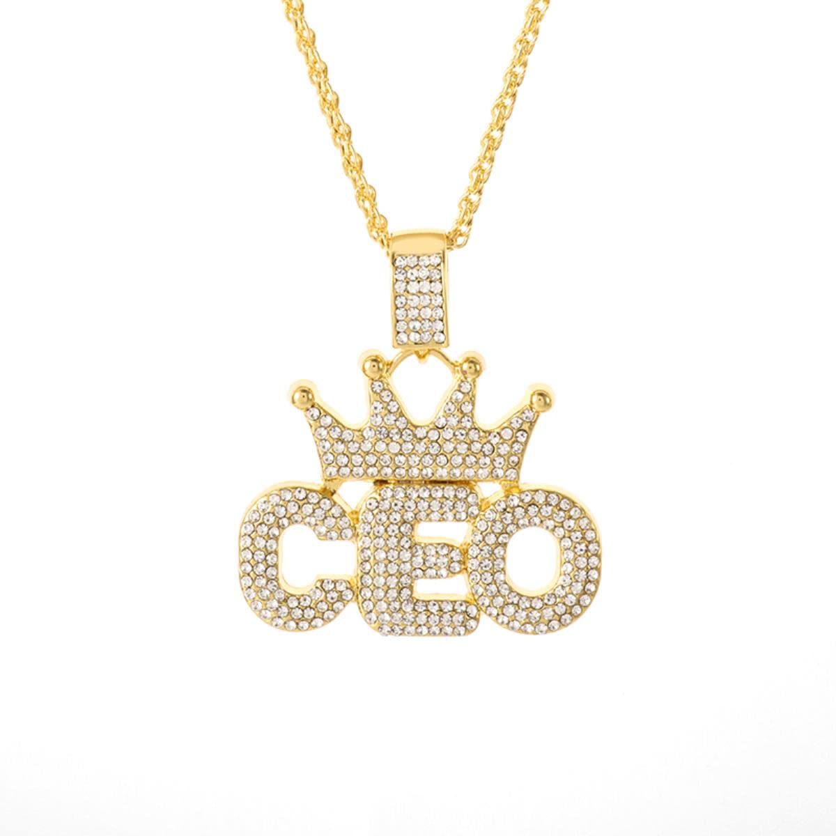 Yahoya Men's Gold Bling Iced Out Ceo Crown Pendant Necklace Pave Rhinestone Color Hip Hop Dancer Rapper Crown Ceo Necklace