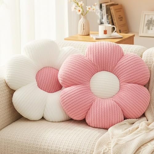 HonorHut Lot de 2 coussins de sol doux à fleurs pour canapé, salon, chambre à coucher, chambre de fille, blanc et rose