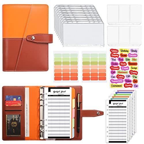 LIAMERHE Classeur Budget Set 28PCS Classeur A6 en PU Cuir Budget Planner Classeurs à Anneaux avec PVC Enveloppe Budget Feuilles Budget Dégager Poches Zippées Autocollants D'étiquettes Cover