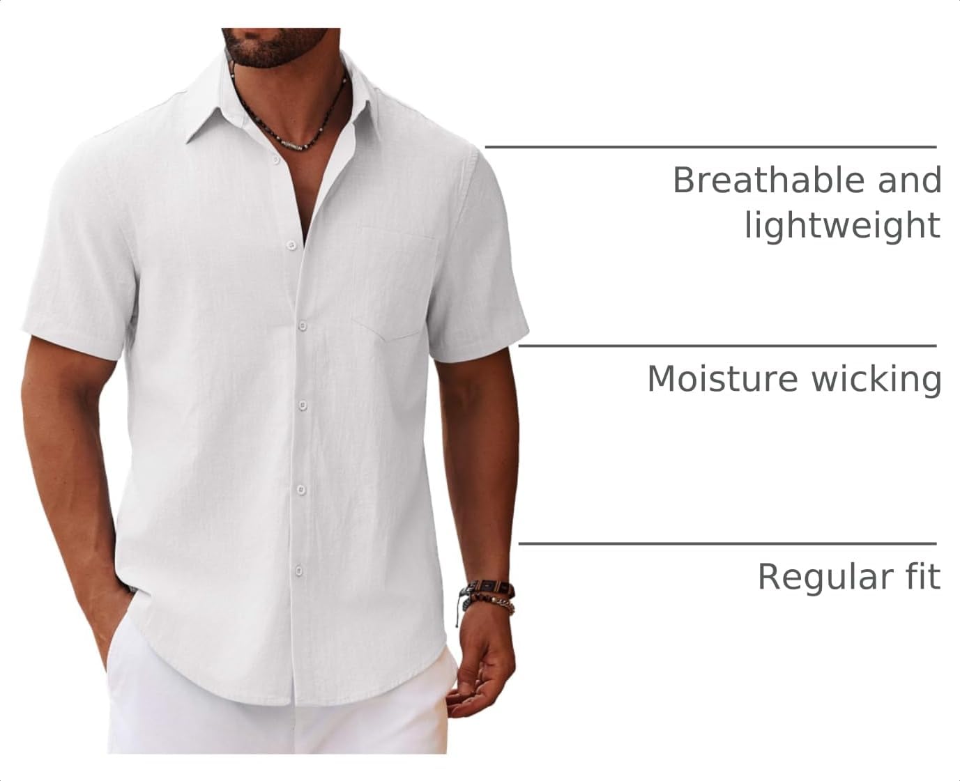 COOFANDY Men's Button Down Short Sleeve Shirt Casual Cotton Summer Beach Linen Wedding Shirts with Pocket image 4