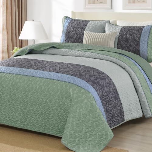 Cottolester Boho Queen Quilt Set,Striped Plaid Bedspread Coverlet Set,Grey Green