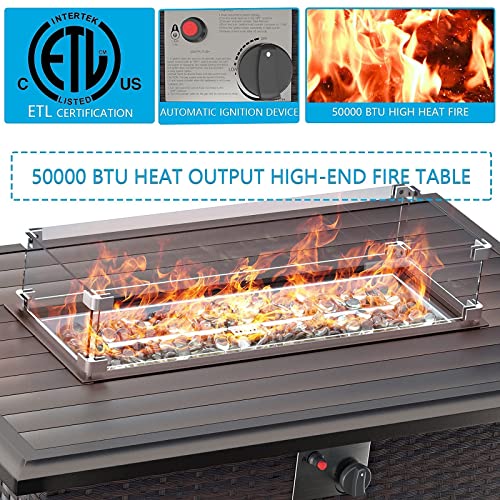 Gotland 8 Piece Outdoor Patio Furniture Set with Gas Fire Pit Table Patio Furniture Sectional Sofa w/43in Propane Fire Pit, 50,000 BTU Auto-Ignition Firepit w/Glass Wind Guard (Brown)
