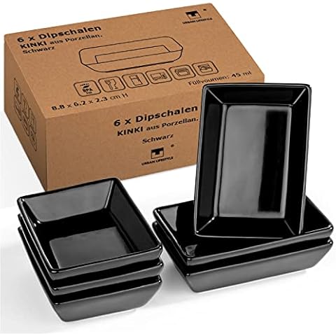 Urban Lifestyle KINKI 6 x rectangular sauce bowls, 8.8 x 6.2 x 2.3 cm, porcelain (black), soy bowl, dip bowls, spice bowls, finger food dishes, raclette accessories, jam bowls Cover
