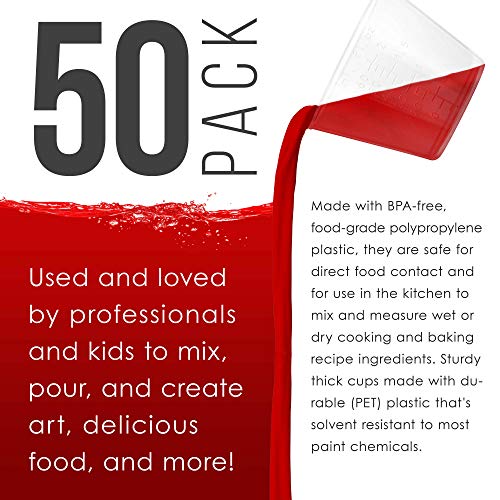 Pouring Masters 2 Ounce (60Ml) Graduated Plastic Measuring Cups (50 Clear Cups & 25 Mixing Sticks) - For Acrylic Paint, Resin, Epoxy, Art, Kitchen, Cooking, Medicine, Laboratory - Oz, Ml Measurements #TOP3