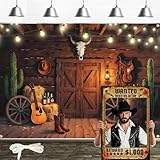 7x5FT Vintage Western Cowboy Backdrop with Wanted Poster & 19.68FT Ribbon - Durable Polyester Photo Booth Background for Wild West Parties, Weddings & Rodeo Decor