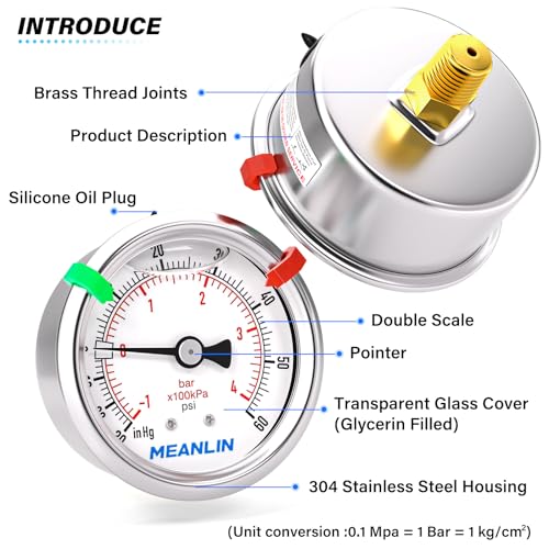 Image of MEANLIN MEASURE -30inHG~60Psi Vacuum Pressure Gauge 1 /8 inch NPT 2.5 inch FACE DIAL, Stainless Steel Liquid Filled Pressure Gauge WOG Water Oil Air Center Back Mount (with 2PCS Snaps)