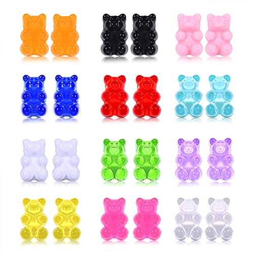 12 Pairs Colorful Bear Earrings Sweet Gummy Bear Earrings Funny Transparent Candy Color Resin Bear Stud Earrings for Women Girl Jewelry Gift