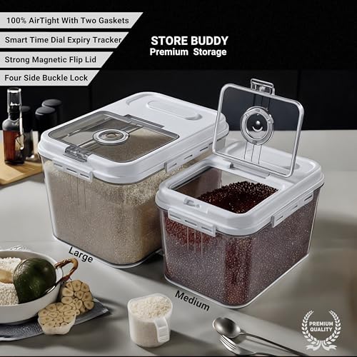 Image of Rice Storage Container Barrel | Air Tight Transparent Plastic Containers | Dal Pulses Cereal & Flour Airtight Box | Large & Big Size Modular Home Organizer (Container - Large)