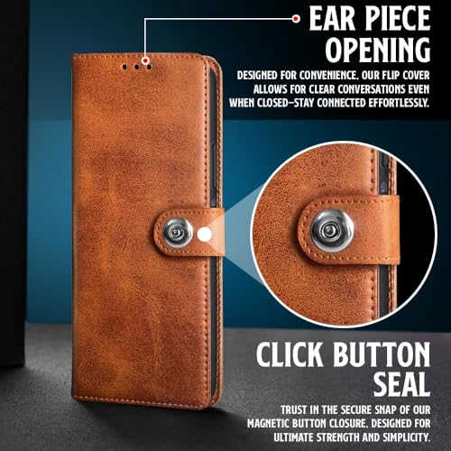 Image of WOW IMAGINE Shock Proof Flip Cover Back Case for Vivo T4x 5G | iQoo Z10x 5G | Vivo Y31 Pro 5G (Magnetic Button Flip Case | Wallet Pockets & Stand | Leather Finish | Alder Brown)