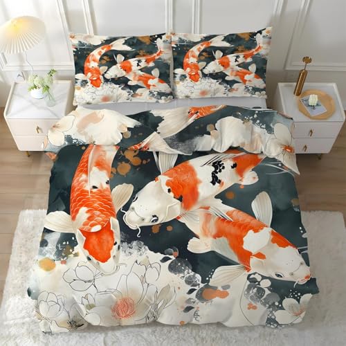 Funda Nórdica Cama 90 Koi Funda Edredon 150x200 Microfibra Suave, Ropa de Cama Pez 3 Piezas - Funda Nordica Koi y 2 Funda de Almohada 50x80 con Cremallera