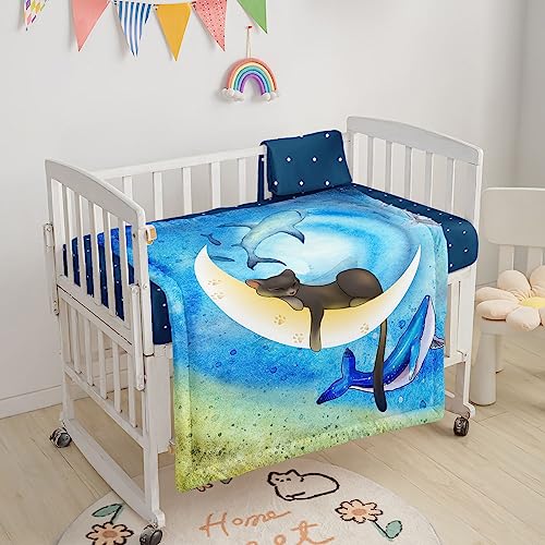 Image of 3pcs Nursery Crib Bedding Set with Comforter, Crib Sheet & Crib Skirt, Watercolor Cat Moon Blue Whale Printed Nursery Bedding for Baby Boys and Girls