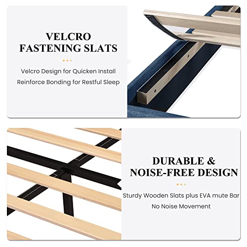 Sha Cerlin King Platform Bed Frame With Upholstered Fabric Headboard, Mattress Foundation With Strong Wooden Slats Support, No Box Spring Needed, Blue #TOP4
