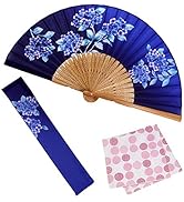 [大阪長生堂] 扇子 レディース 女性 おしゃれ ビジネス 扇子袋 扇子入れ ハンカチ付セット あじさい 紺