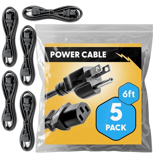 UL Approved 6ft Universal Power Cord (5 Pack) - IEC C13 to NEMA 5-15P Computer Monitor Cable for IT Departments, Data Centers & Bulk Purchasing - 18AWG 10A 125V