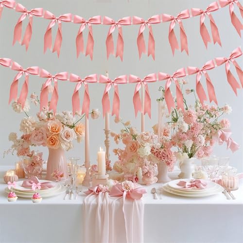 Image of 2pcs Bow Garland Banner Ribbon Bow Party Decorations for Baby Shower Decor Tying The Knot Girls Bow Coquette Birthday Party Decoration (Peach Pink)