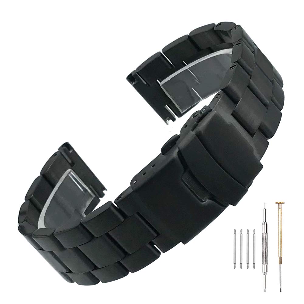 Hstrap Metal Watch Band for Men Women Stainless Steel Watch Band 20mm Solid Black Watch Bracelet Deployment Buckle Brushed Watch Strap Bracelet Polished Strap for Men Women