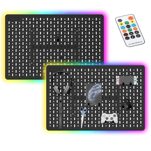 TINLOK Smart RGB Light Pegboard Organizer,Pegboard Wall for Gaming Setup Decor, Black 2 PCS, 22 x 14.8 inches,Ideal Peg Board for Gaming Room, Office Wall Organization (Black 2PCS)