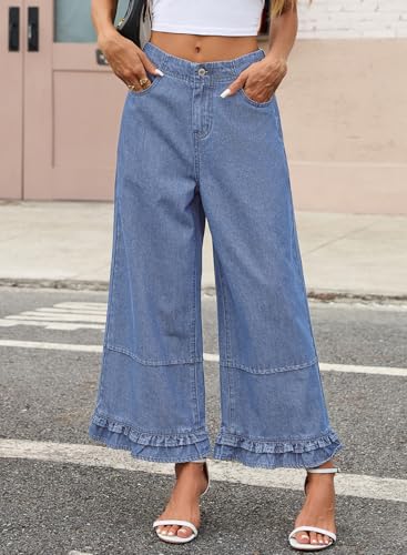 EVALESS Womens Wide Leg Jeans 2026 Trendy Mid-Rise Cropped Baggy Jeans Loose Fit Cute Ruffle Hem Trouser Denim Pants with Pockets Myosotis Size 14 — view 5