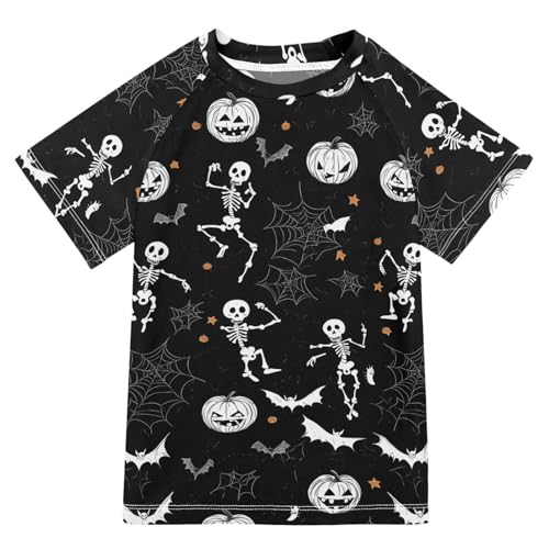 ALAZA Boys Swim Shirts Toddler Rash Guard Short Sleeve Rashguard Halloween Skeleton UPF 50+ 11-12T