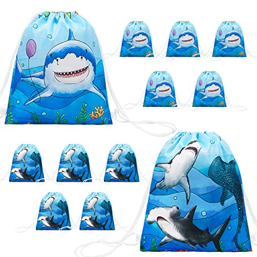 WERNNSAI Hai Party Taschen mit Kordelzug - 12 Stück 25 x 30 cm Partytüten mit Kordelzug unter Dem Meer Thema Party Geschenktüten für Kinder Jungen Geburtstag Partytüten Geburtstag Babyparty
