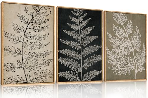 Image of KAIRNE Vintage Botanical Fern Framed Canvas Wall Art Set, Retro Fern Leaf Wall Decor, Rustic Black Tan Art Prints, Modern Minimalist Leaves Artwork for Living Room,Bedroom,Farmhouse,Office-24 x36 x3