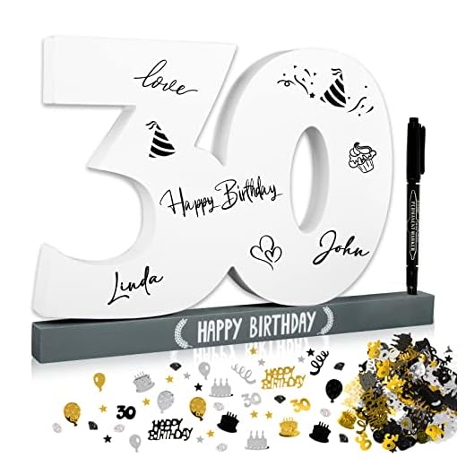 BOFUNX Libro de Visitas para Cumpleaños 30 Años Tarjeta Felicitación de Madera+Confeti de Cumpleaños+Bolígrafo Regalo Decoración Número 30 Happy Birthday