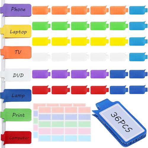 SummerBrite 36Pcs Large Cable Labels - 8 Colors Reusable Write-On Wire Labels Tags, Cord Identification Labels for Electronics, with 40Pcs Label Stickers, Cable Management for Home, Office, Rectangle